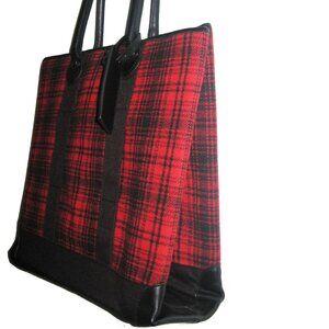 Woolrich Red Plaid Wool Leather Trim Parka Tote Luggage Hanger Carry On Handbag